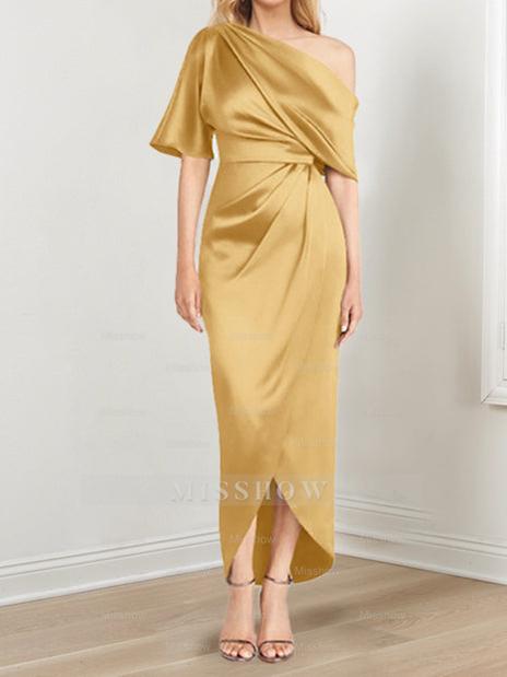 Asymmetrical One-Shoulder Short Sleeve Sheath Dress with Ruffles for the Mother of the Bride