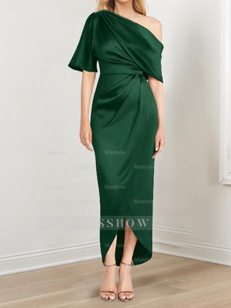 Asymmetrical One-Shoulder Short Sleeve Sheath Dress with Ruffles for the Mother of the Bride
