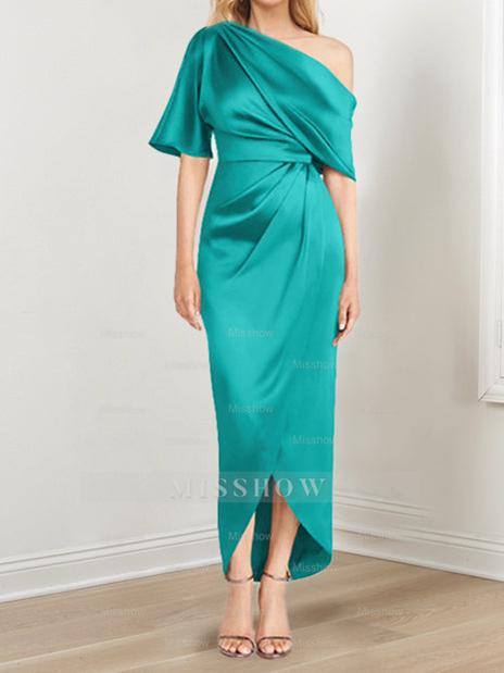 Asymmetrical One-Shoulder Short Sleeve Sheath Dress with Ruffles for the Mother of the Bride