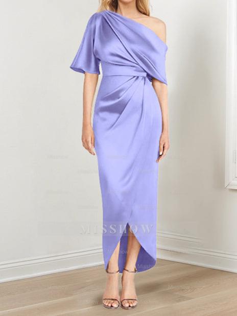 Asymmetrical One-Shoulder Short Sleeve Sheath Dress with Ruffles for the Mother of the Bride