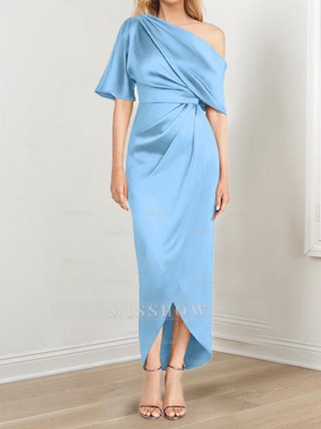 Asymmetrical One-Shoulder Short Sleeve Sheath Dress with Ruffles for the Mother of the Bride