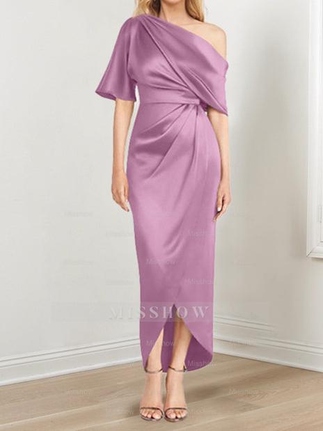 Asymmetrical One-Shoulder Short Sleeve Sheath Dress with Ruffles for the Mother of the Bride