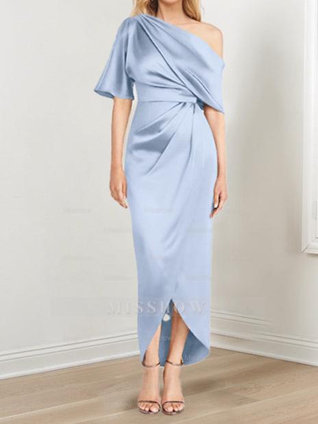 Asymmetrical One-Shoulder Short Sleeve Sheath Dress with Ruffles for the Mother of the Bride