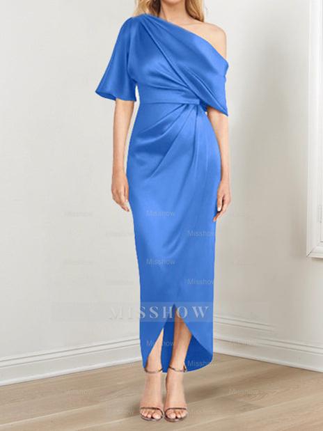 Asymmetrical One-Shoulder Short Sleeve Sheath Dress with Ruffles for the Mother of the Bride