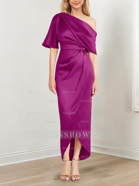 Asymmetrical One-Shoulder Short Sleeve Sheath Dress with Ruffles for the Mother of the Bride
