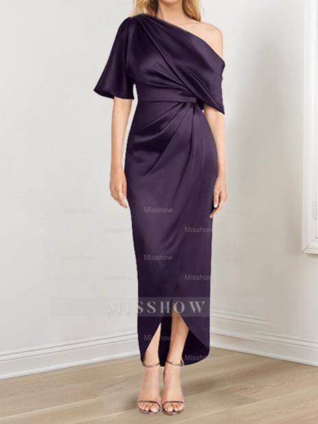Asymmetrical One-Shoulder Short Sleeve Sheath Dress with Ruffles for the Mother of the Bride Asymmetrical One-Shoulder Short Sleeve Sheath Dress with Ruffles for the Mother of the Bride