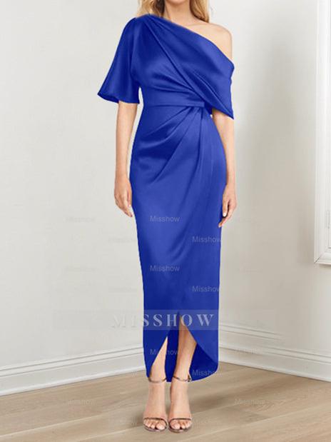 Asymmetrical One-Shoulder Short Sleeve Sheath Dress with Ruffles for the Mother of the Bride