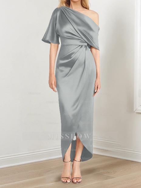 Asymmetrical One-Shoulder Short Sleeve Sheath Dress with Ruffles for the Mother of the Bride