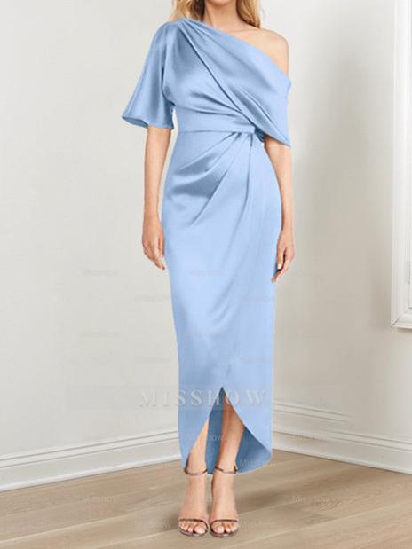 Asymmetrical One-Shoulder Short Sleeve Sheath Dress with Ruffles for the Mother of the Bride