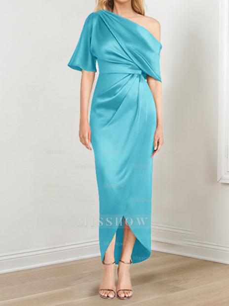 Asymmetrical One-Shoulder Short Sleeve Sheath Dress with Ruffles for the Mother of the Bride