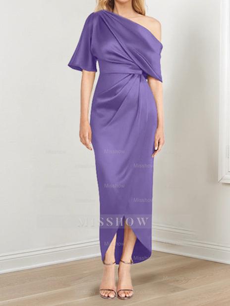 Asymmetrical One-Shoulder Short Sleeve Sheath Dress with Ruffles for the Mother of the Bride
