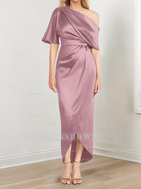 Asymmetrical One-Shoulder Short Sleeve Sheath Dress with Ruffles for the Mother of the Bride