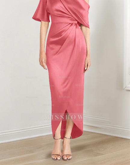 Asymmetrical One-Shoulder Short Sleeve Sheath Dress with Ruffles for the Mother of the Bride