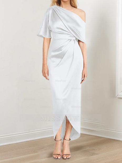 Asymmetrical One-Shoulder Short Sleeve Sheath Dress with Ruffles for the Mother of the Bride