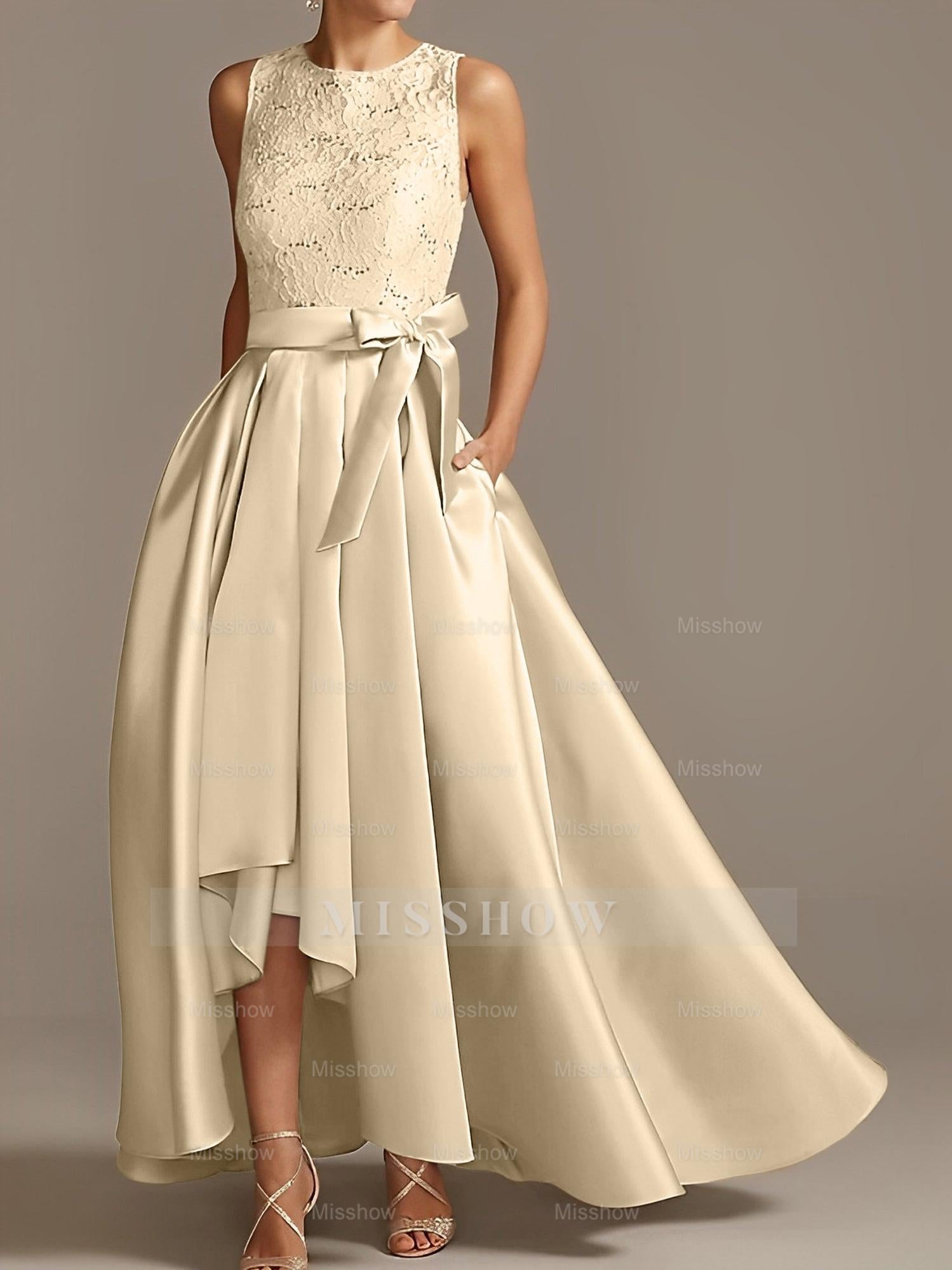 Asymmetrical Princess A-Line Sleeveless Mother Of The Bride Dress With Jewel Neck And Pleats