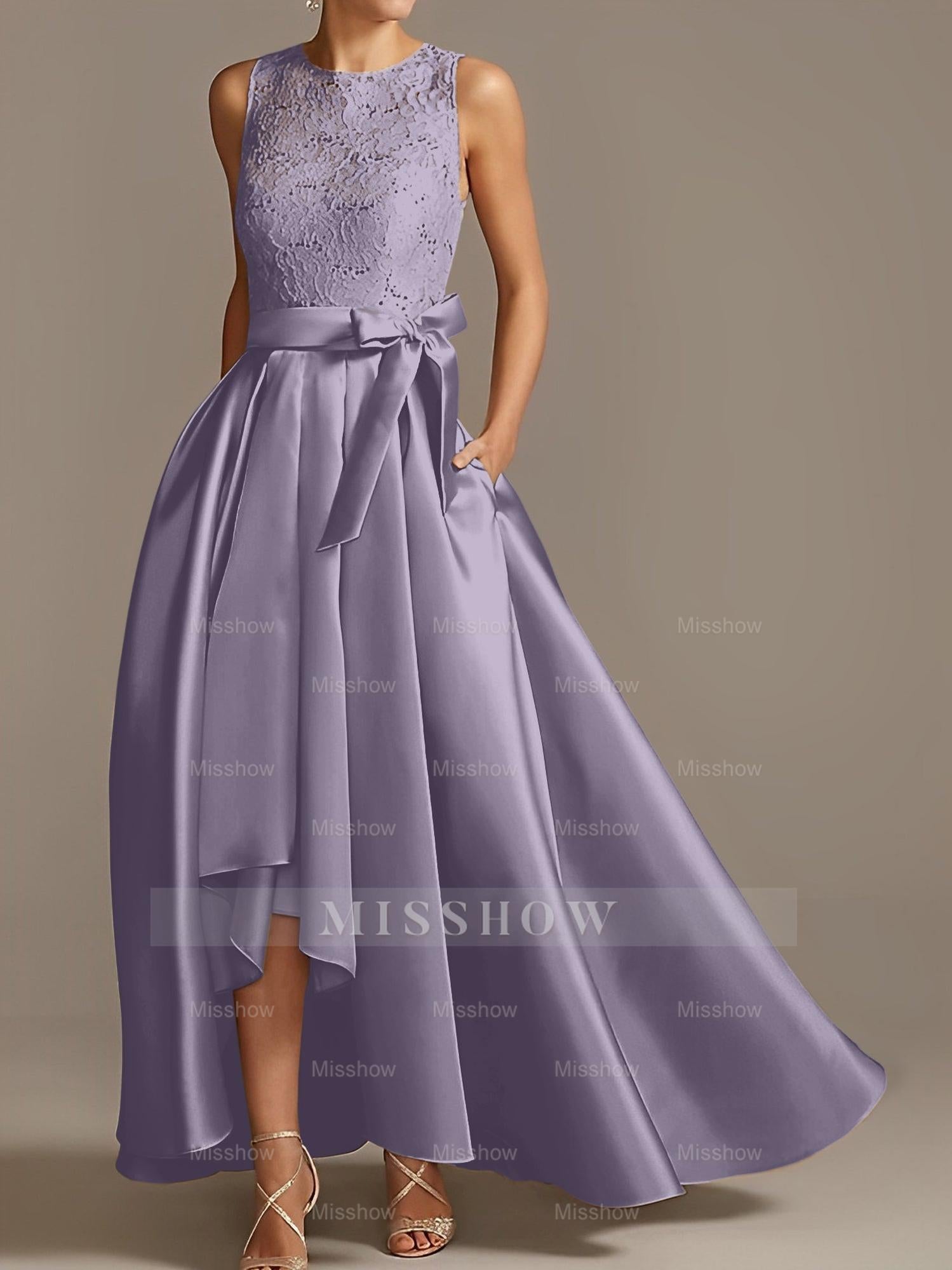 Asymmetrical Princess A-Line Sleeveless Mother Of The Bride Dress With Jewel Neck And Pleats
