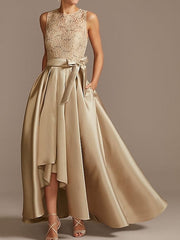 Asymmetrical Princess A-Line Sleeveless Mother Of The Bride Dress With Jewel Neck And Pleats