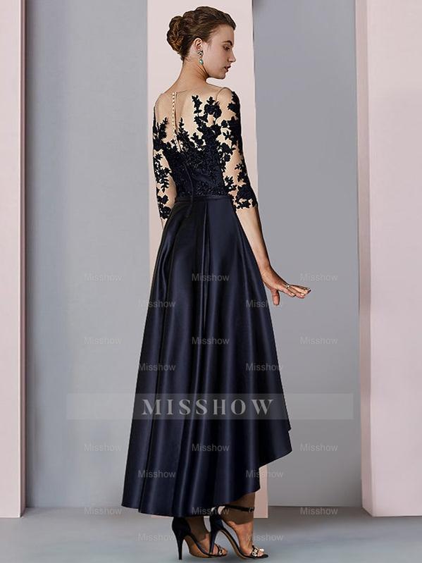 Asymmetrical Tea-Length A-Line/Princess Mother of the Bride Dresses with Illusion-Neck