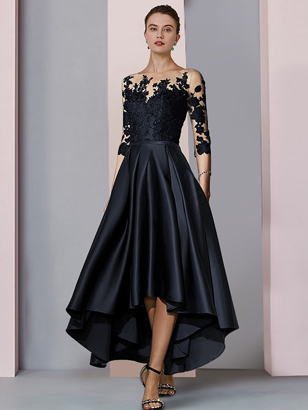 Asymmetrical Tea-Length A-Line/Princess Mother of the Bride Dresses with Illusion-Neck