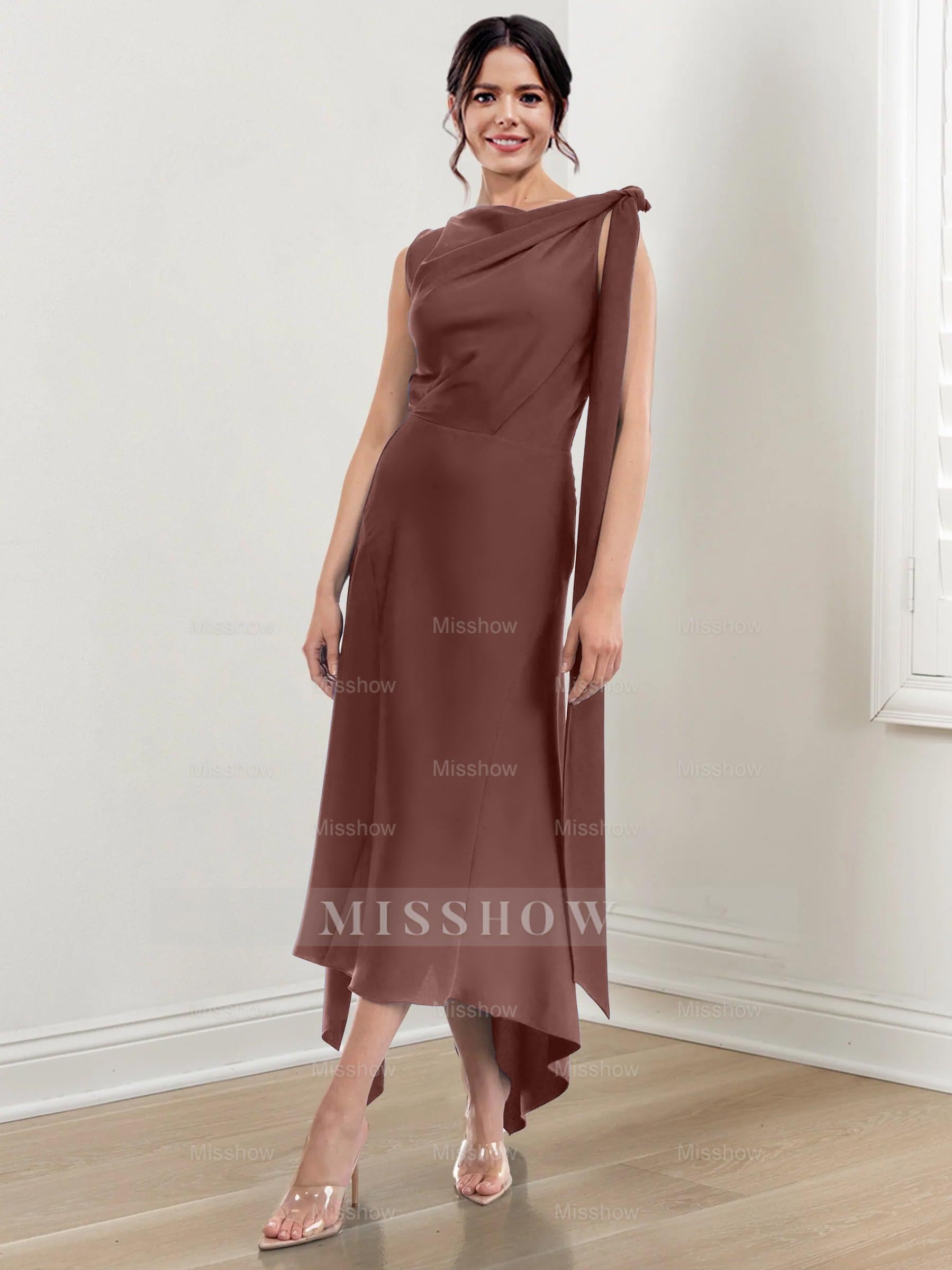 Asymmetrical Tea-Length Mother of the Bride Sheath Dress with Ruched Column Jewel Neck