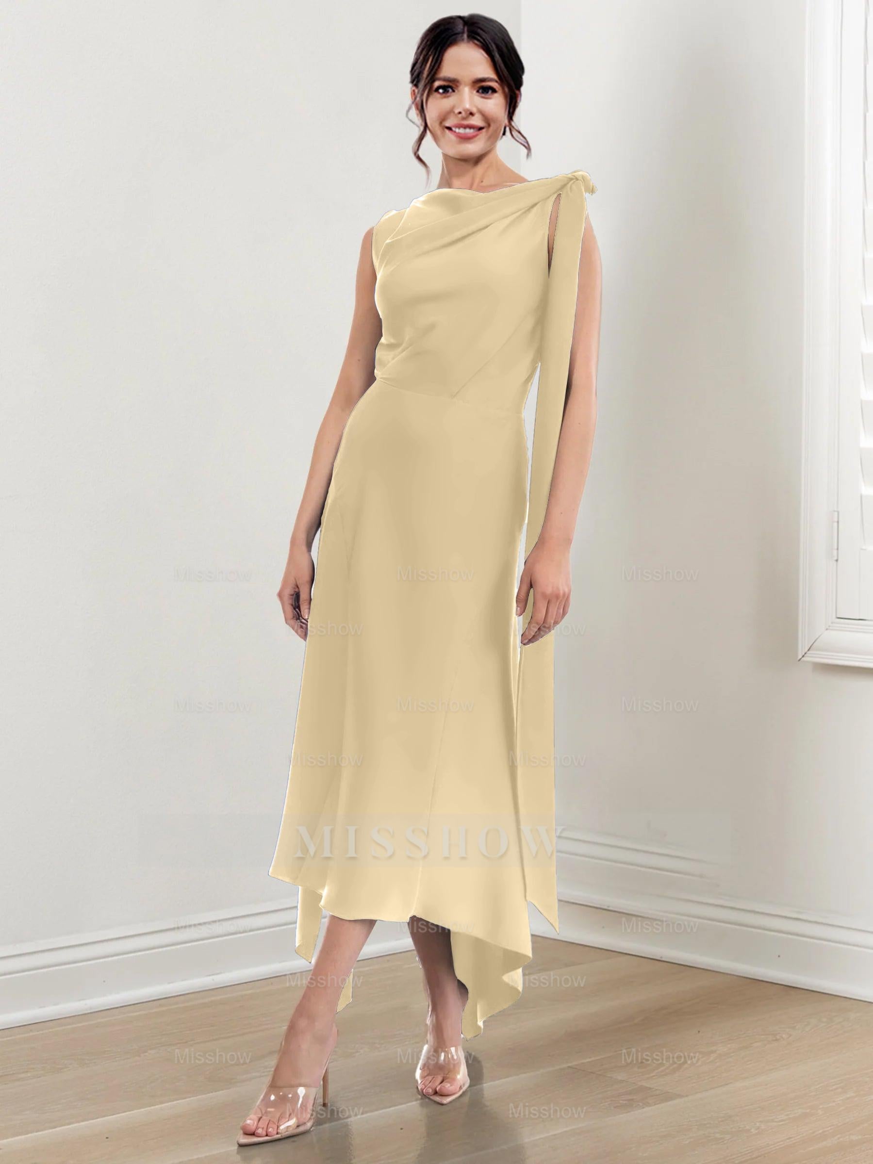 Asymmetrical Tea-Length Mother of the Bride Sheath Dress with Ruched Column Jewel Neck