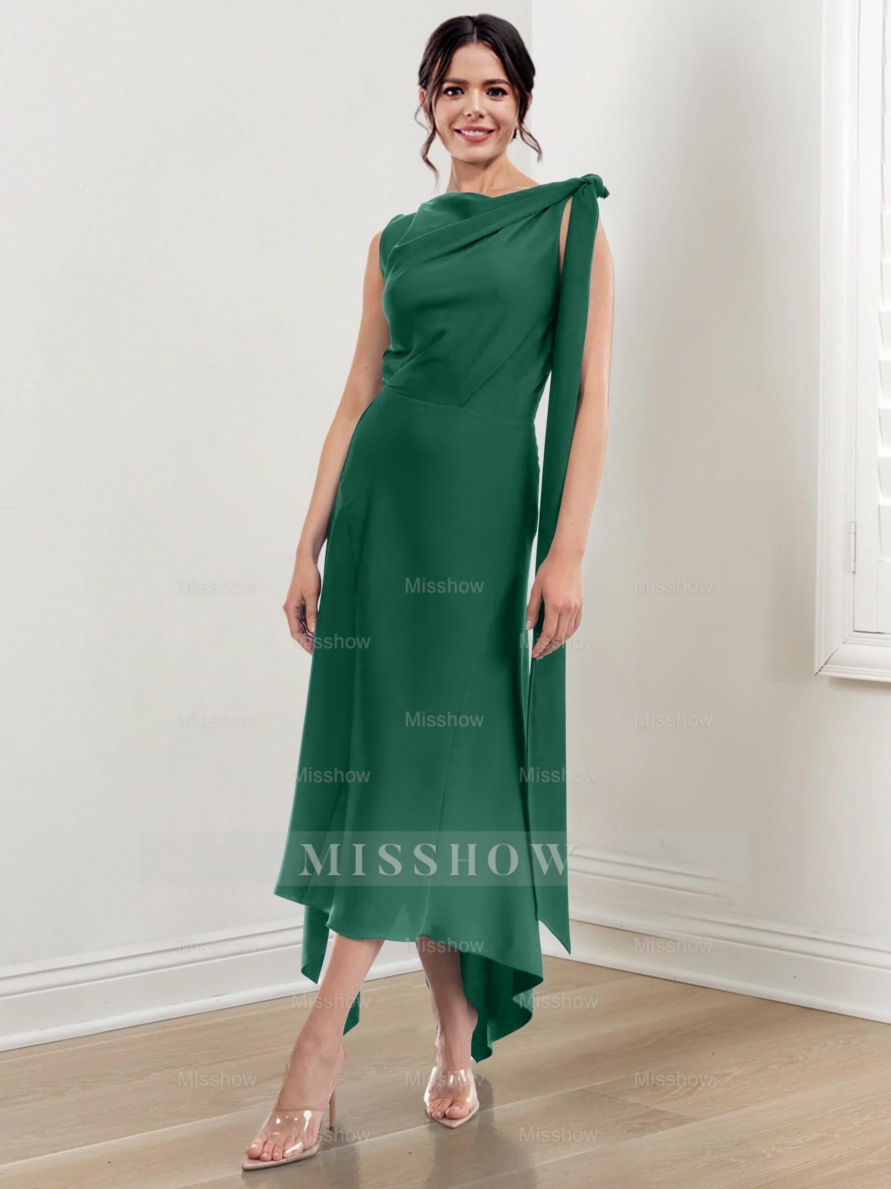 Asymmetrical Tea-Length Mother of the Bride Sheath Dress with Ruched Column Jewel Neck