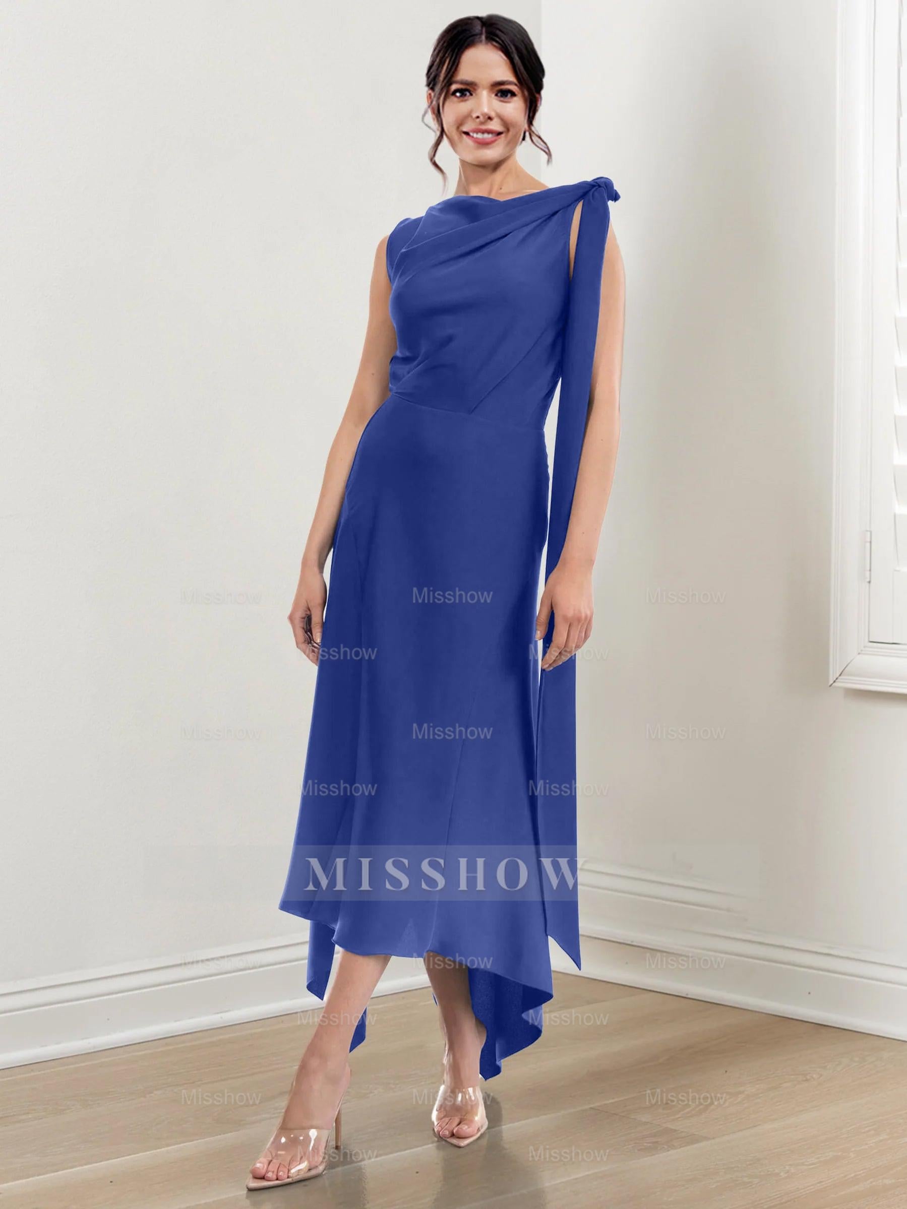 Asymmetrical Tea-Length Mother of the Bride Sheath Dress with Ruched Column Jewel Neck