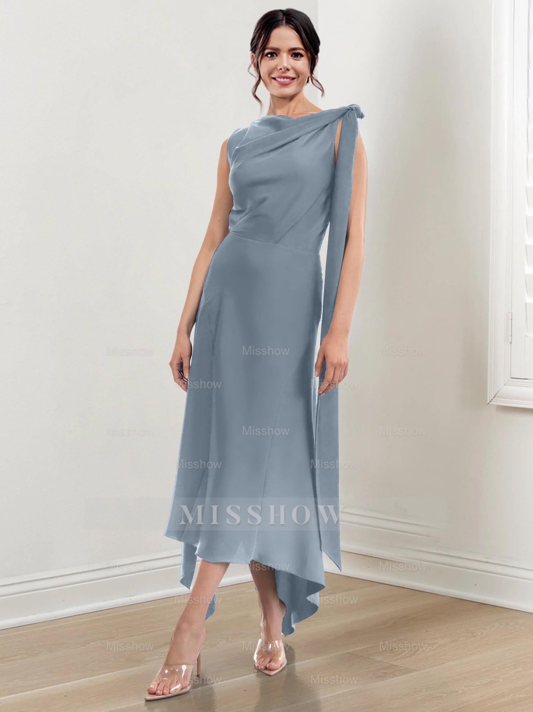 Asymmetrical Tea-Length Mother of the Bride Sheath Dress with Ruched Column Jewel Neck