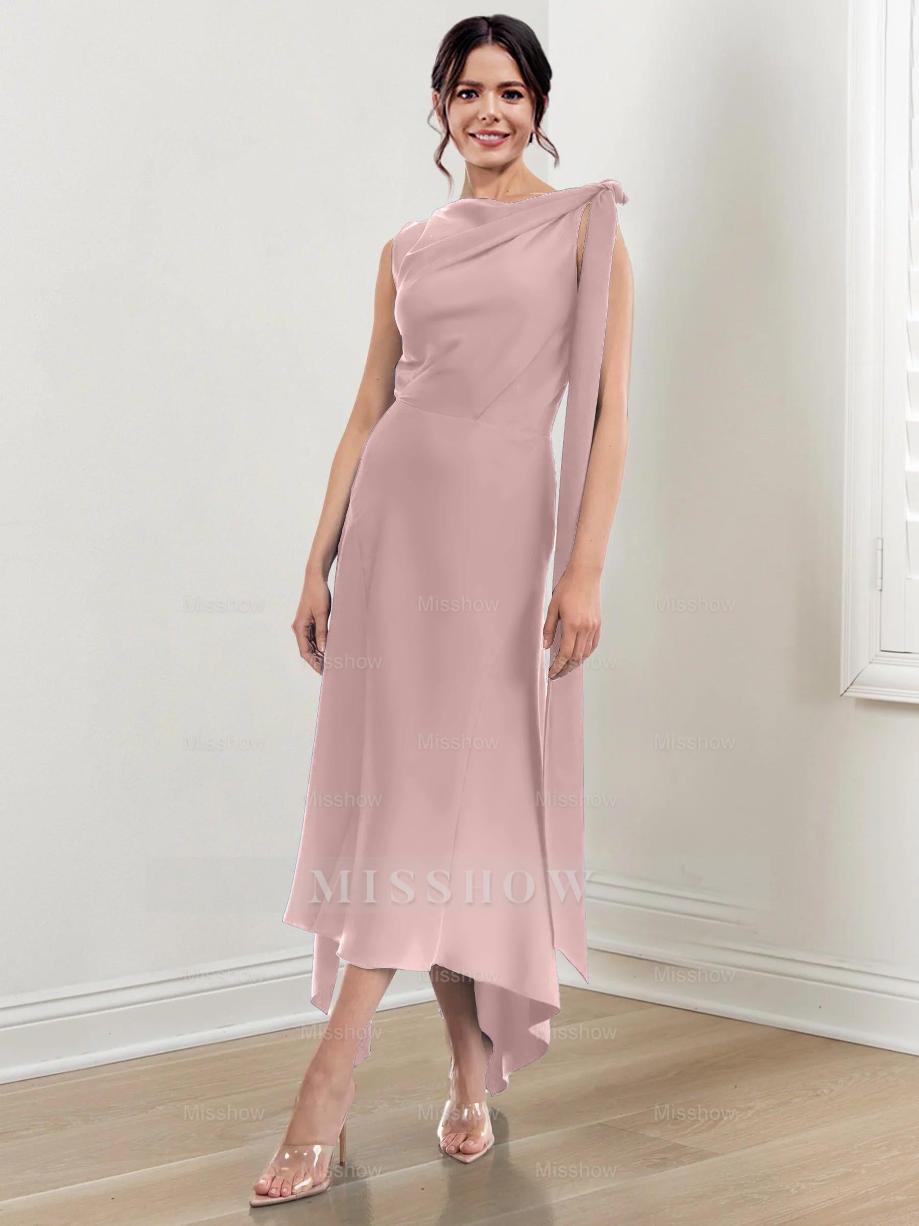 Asymmetrical Tea-Length Mother of the Bride Sheath Dress with Ruched Column Jewel Neck