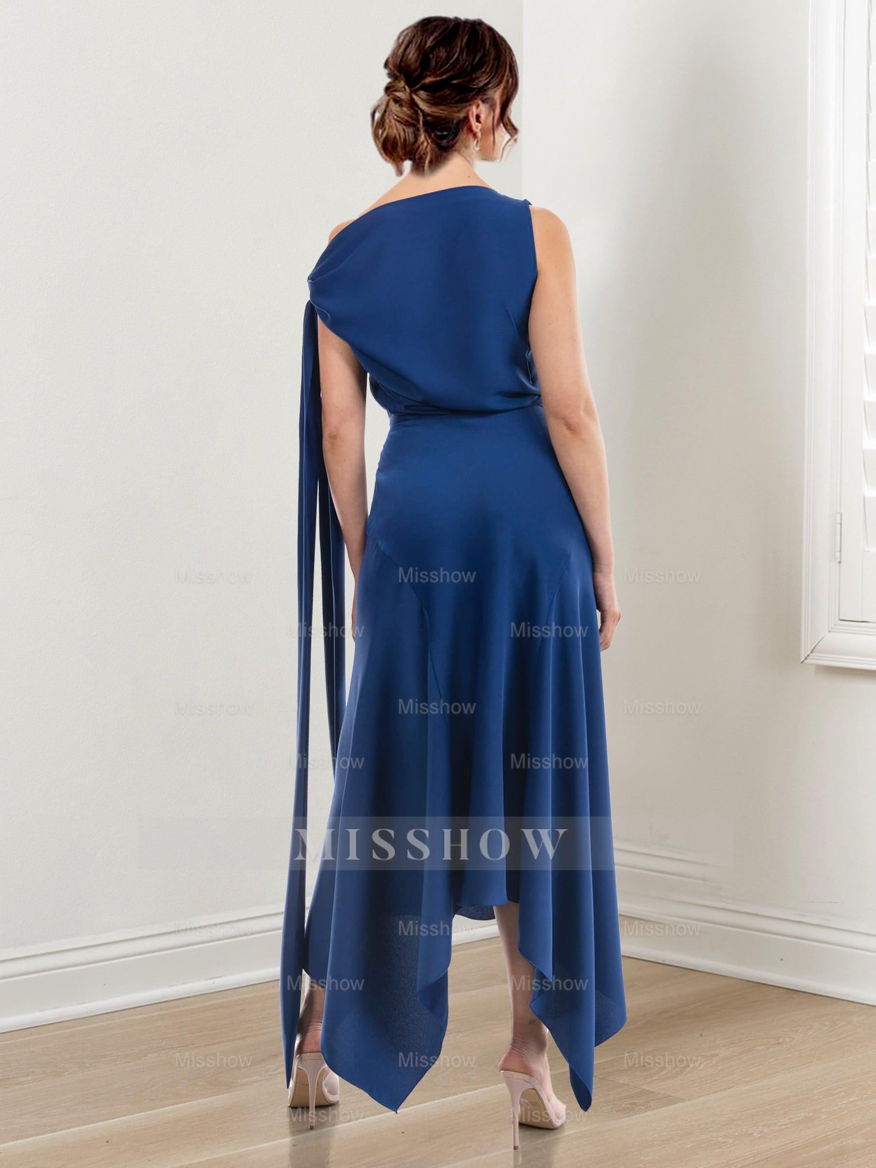 Asymmetrical Tea-Length Mother of the Bride Sheath Dress with Ruched Column Jewel Neck