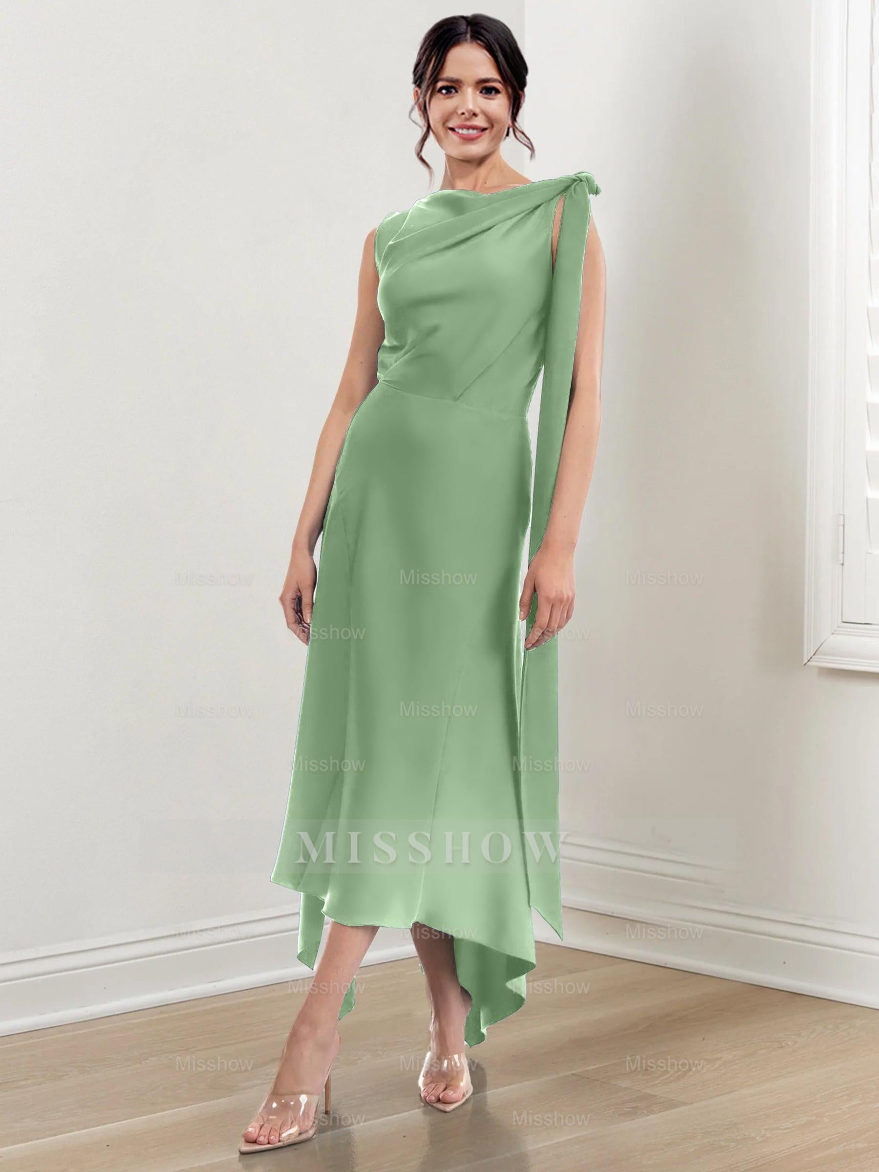 Asymmetrical Tea-Length Mother of the Bride Sheath Dress with Ruched Column Jewel Neck