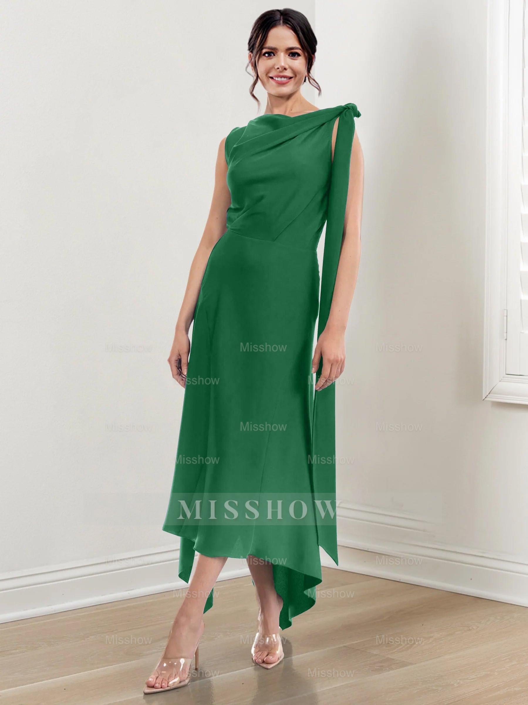 Asymmetrical Tea-Length Mother of the Bride Sheath Dress with Ruched Column Jewel Neck