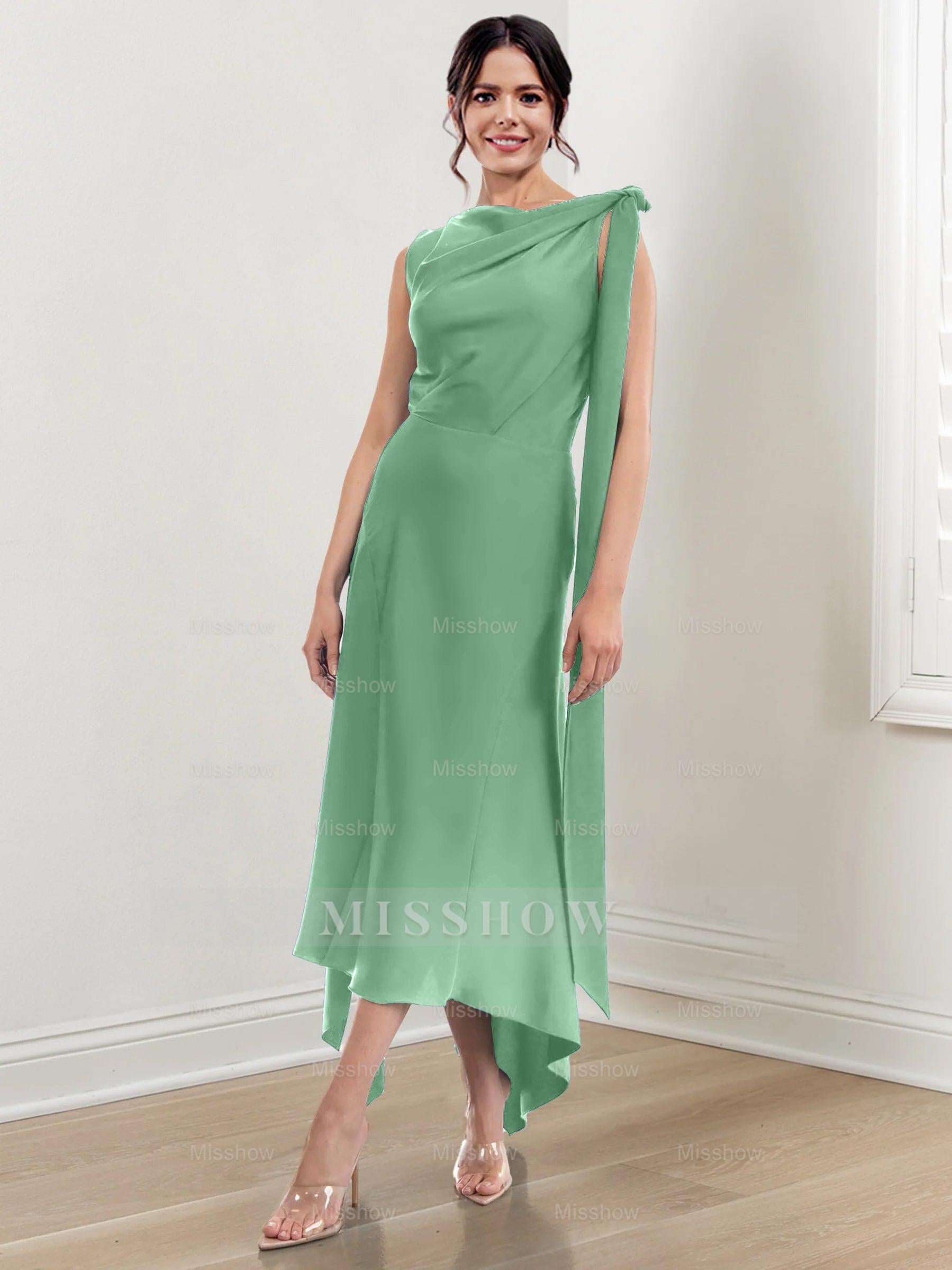 Asymmetrical Tea-Length Mother of the Bride Sheath Dress with Ruched Column Jewel Neck