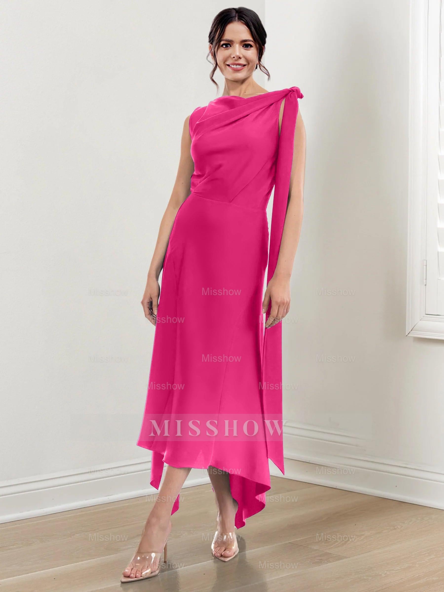 Asymmetrical Tea-Length Mother of the Bride Sheath Dress with Ruched Column Jewel Neck