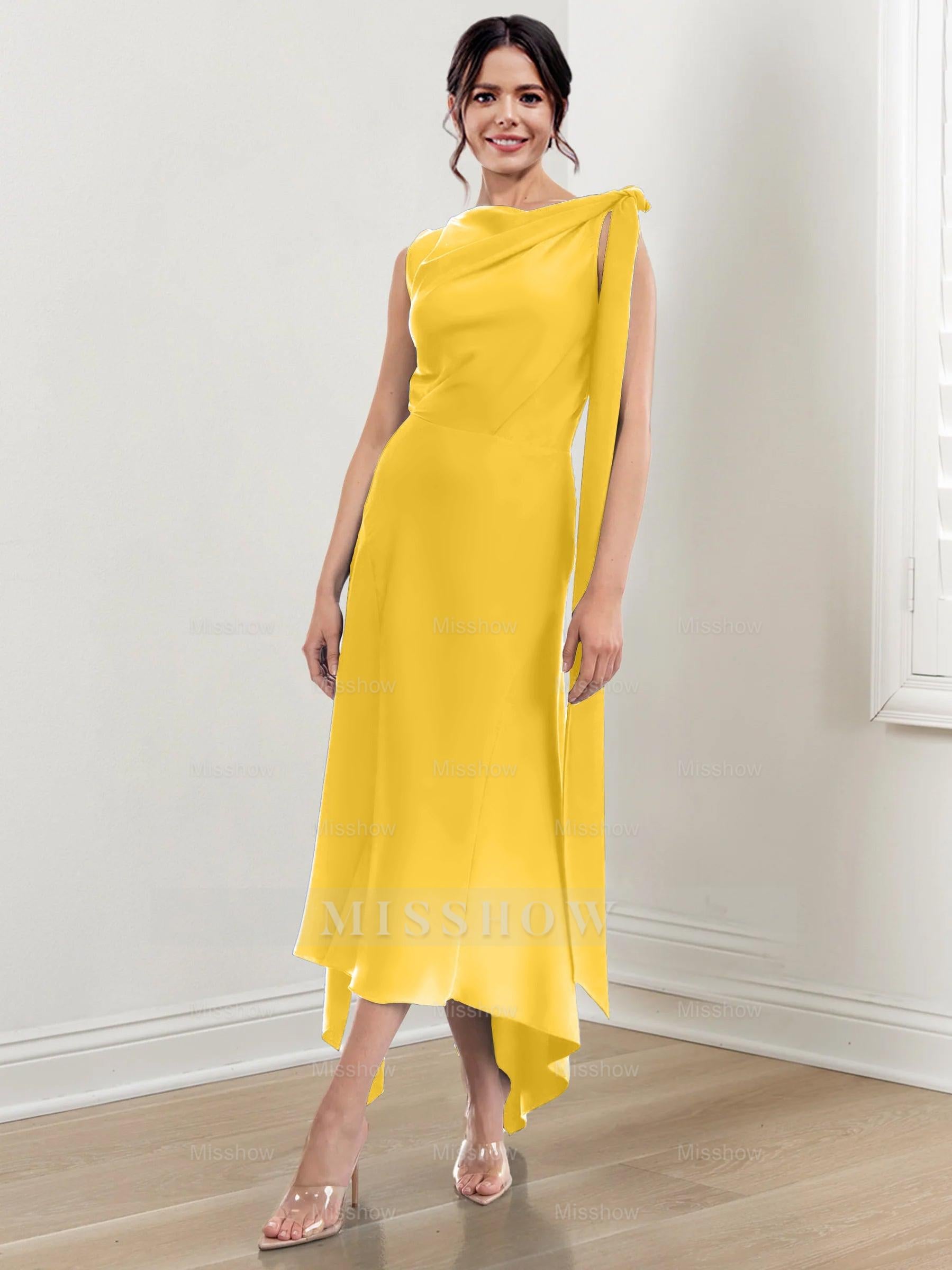 Asymmetrical Tea-Length Mother of the Bride Sheath Dress with Ruched Column Jewel Neck