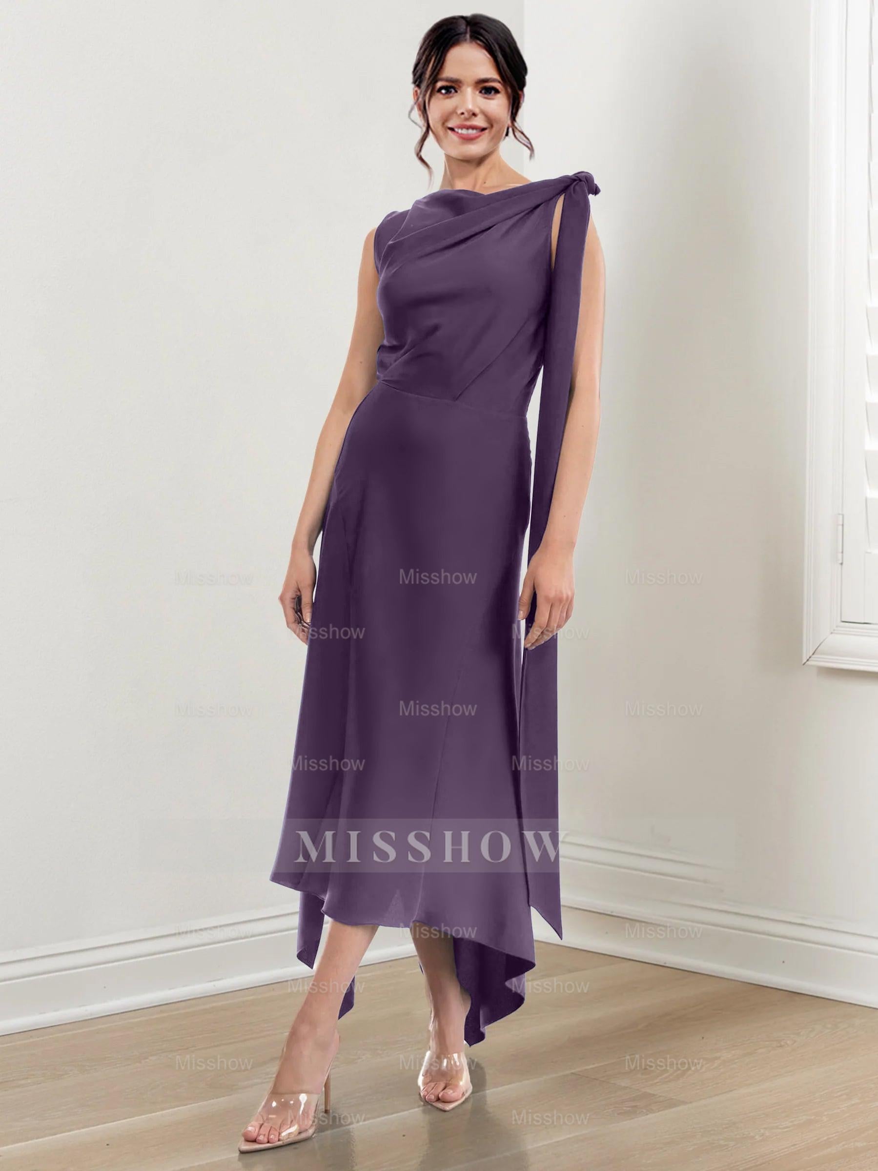 Asymmetrical Tea-Length Mother of the Bride Sheath Dress with Ruched Column Jewel Neck