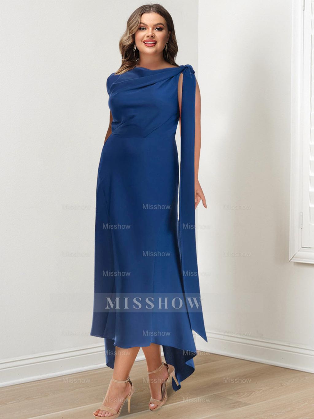 Asymmetrical Tea-Length Mother of the Bride Sheath Dress with Ruched Column Jewel Neck