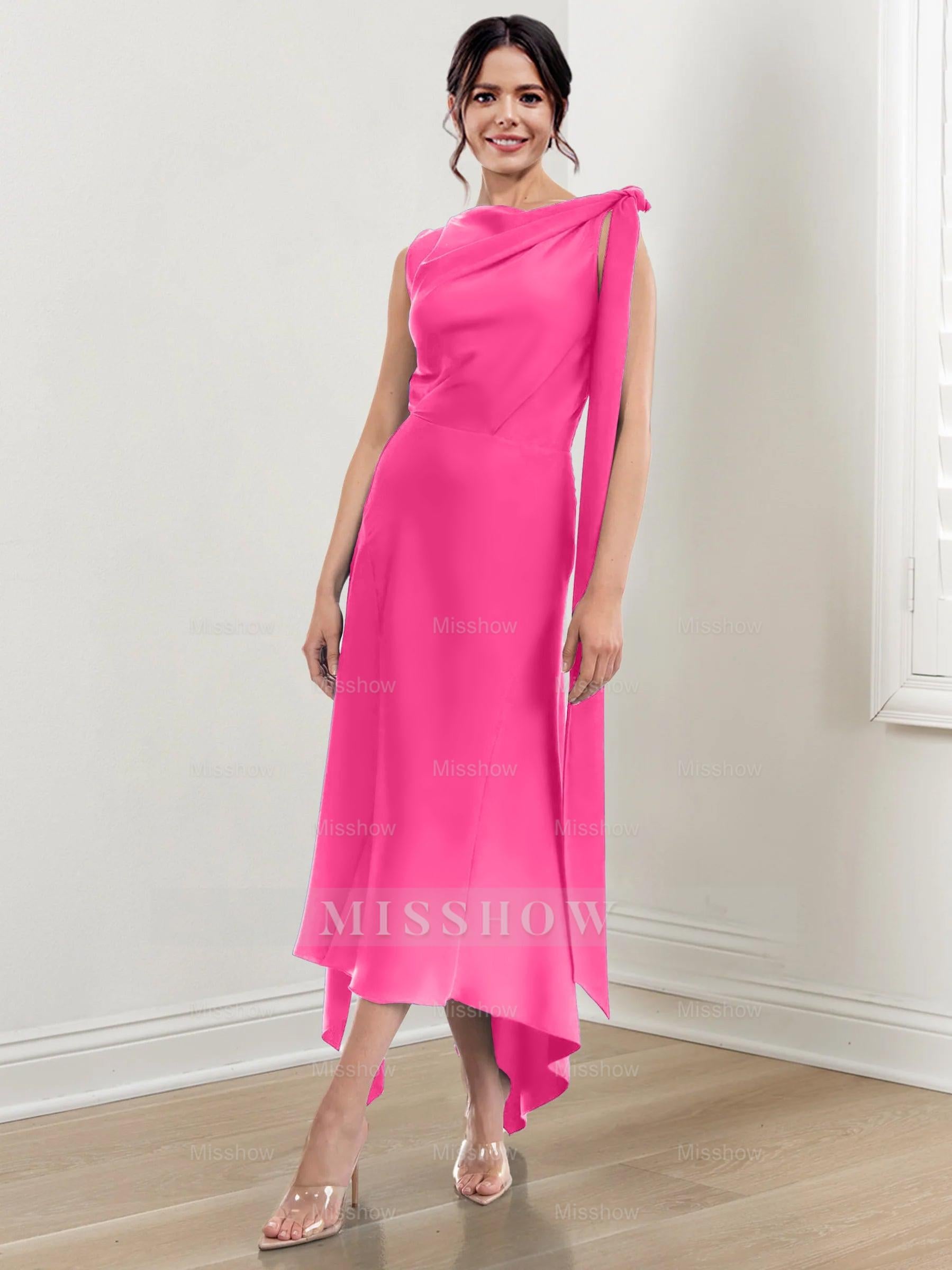 Asymmetrical Tea-Length Mother of the Bride Sheath Dress with Ruched Column Jewel Neck