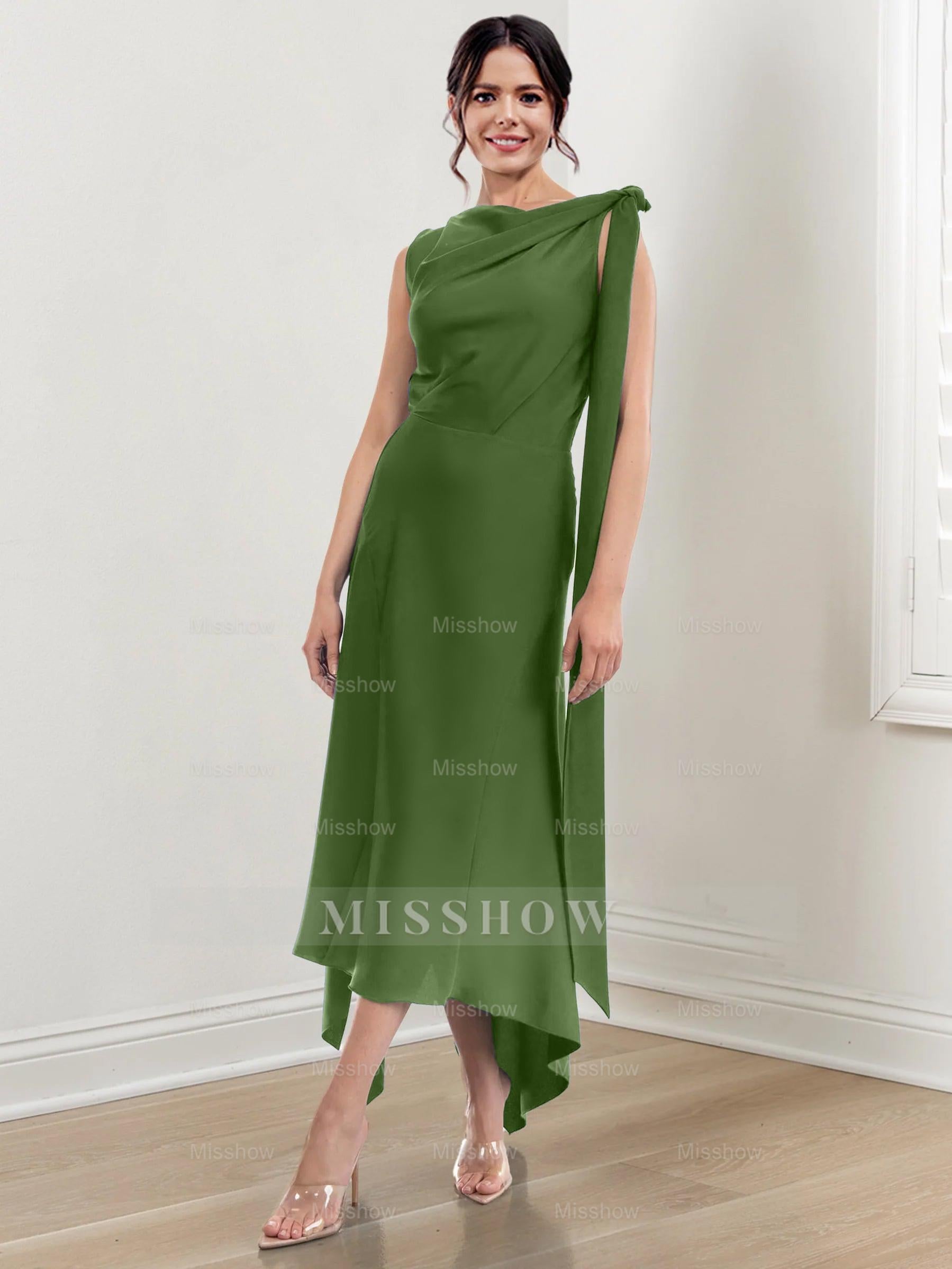 Asymmetrical Tea-Length Mother of the Bride Sheath Dress with Ruched Column Jewel Neck