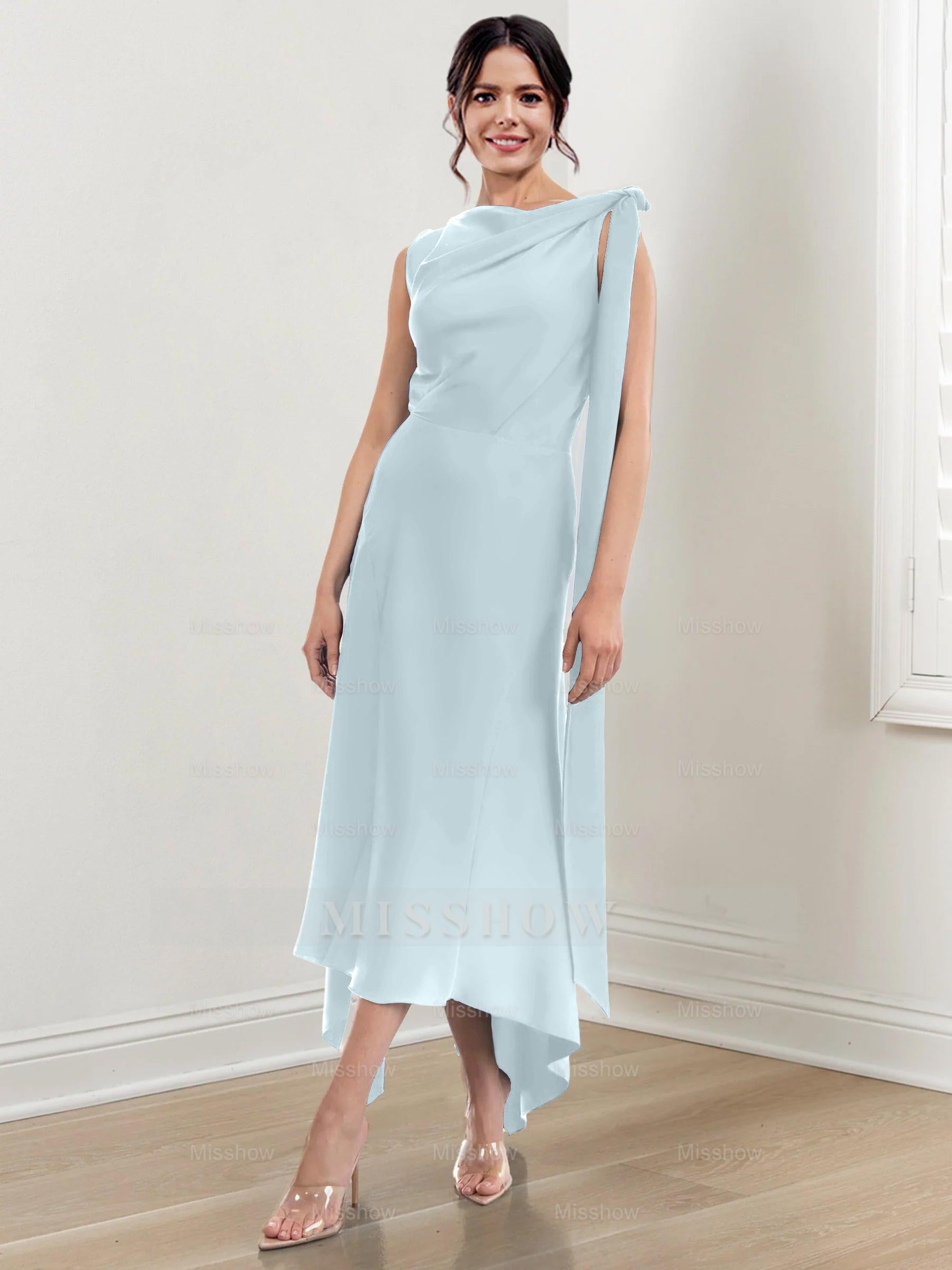 Asymmetrical Tea-Length Mother of the Bride Sheath Dress with Ruched Column Jewel Neck