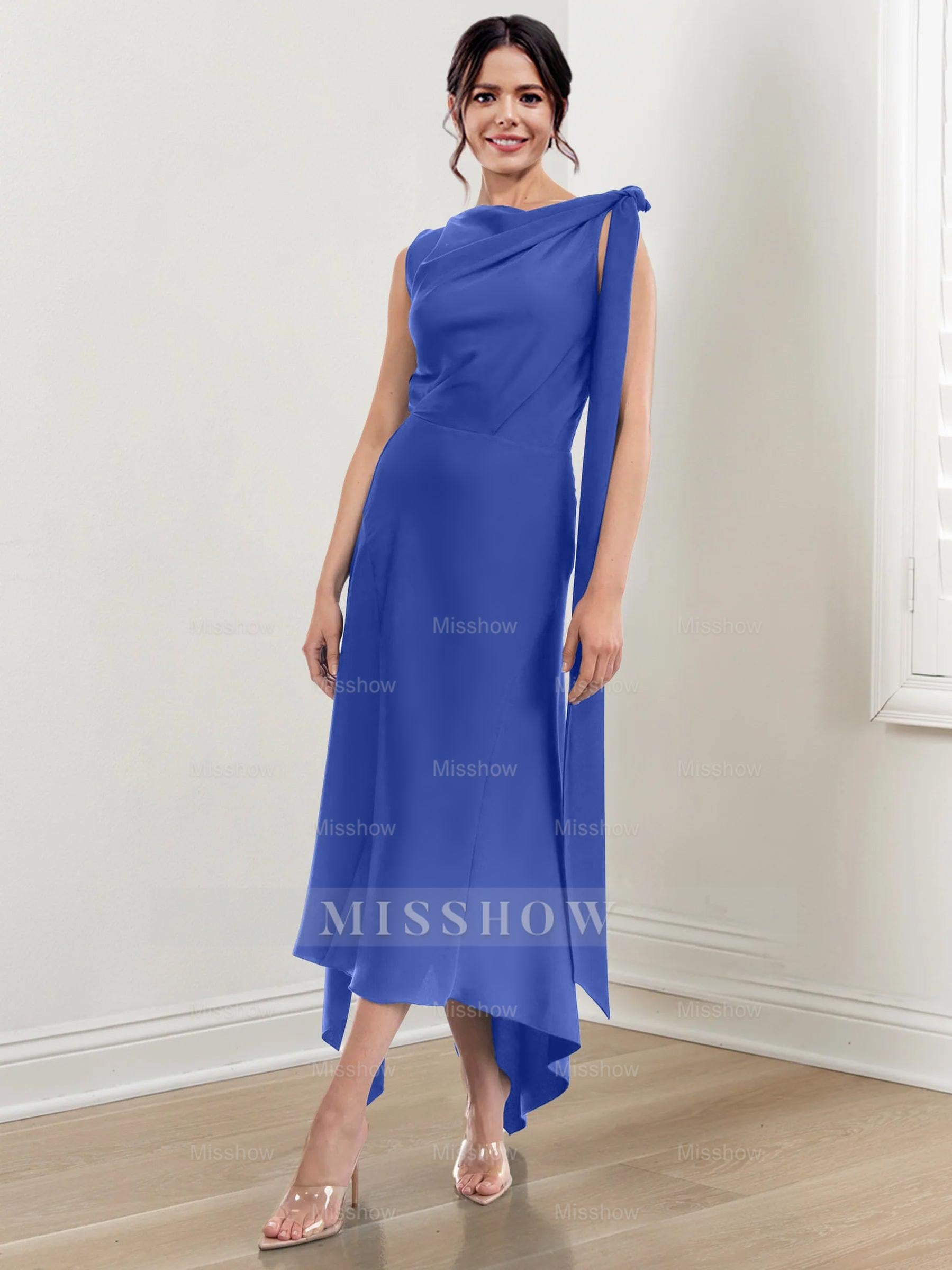 Asymmetrical Tea-Length Mother of the Bride Sheath Dress with Ruched Column Jewel Neck
