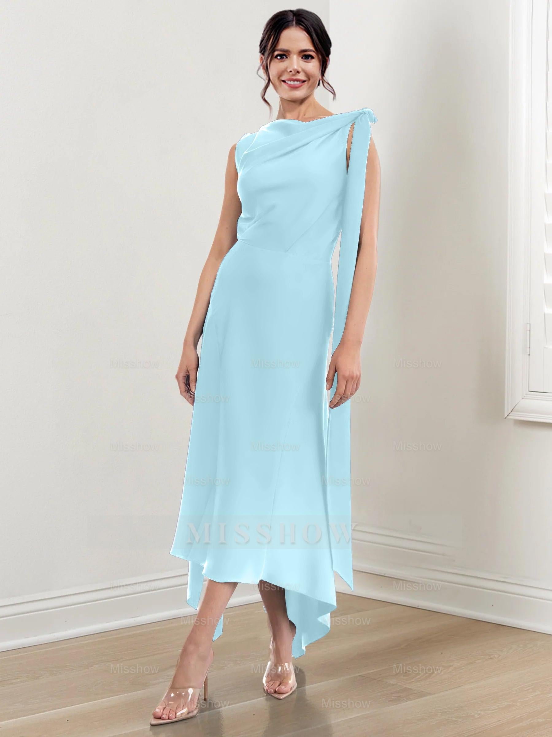 Asymmetrical Tea-Length Mother of the Bride Sheath Dress with Ruched Column Jewel Neck