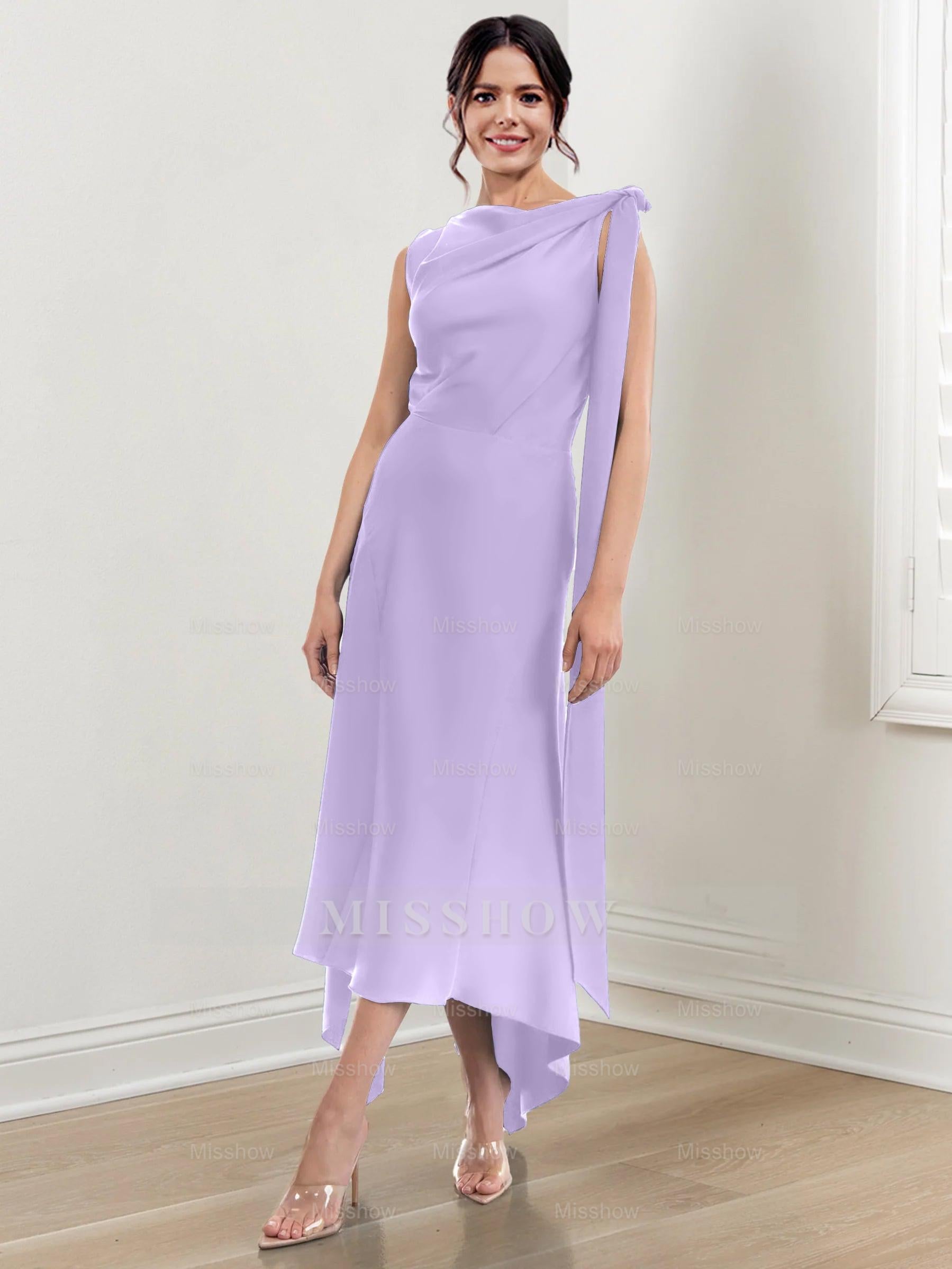 Asymmetrical Tea-Length Mother of the Bride Sheath Dress with Ruched Column Jewel Neck