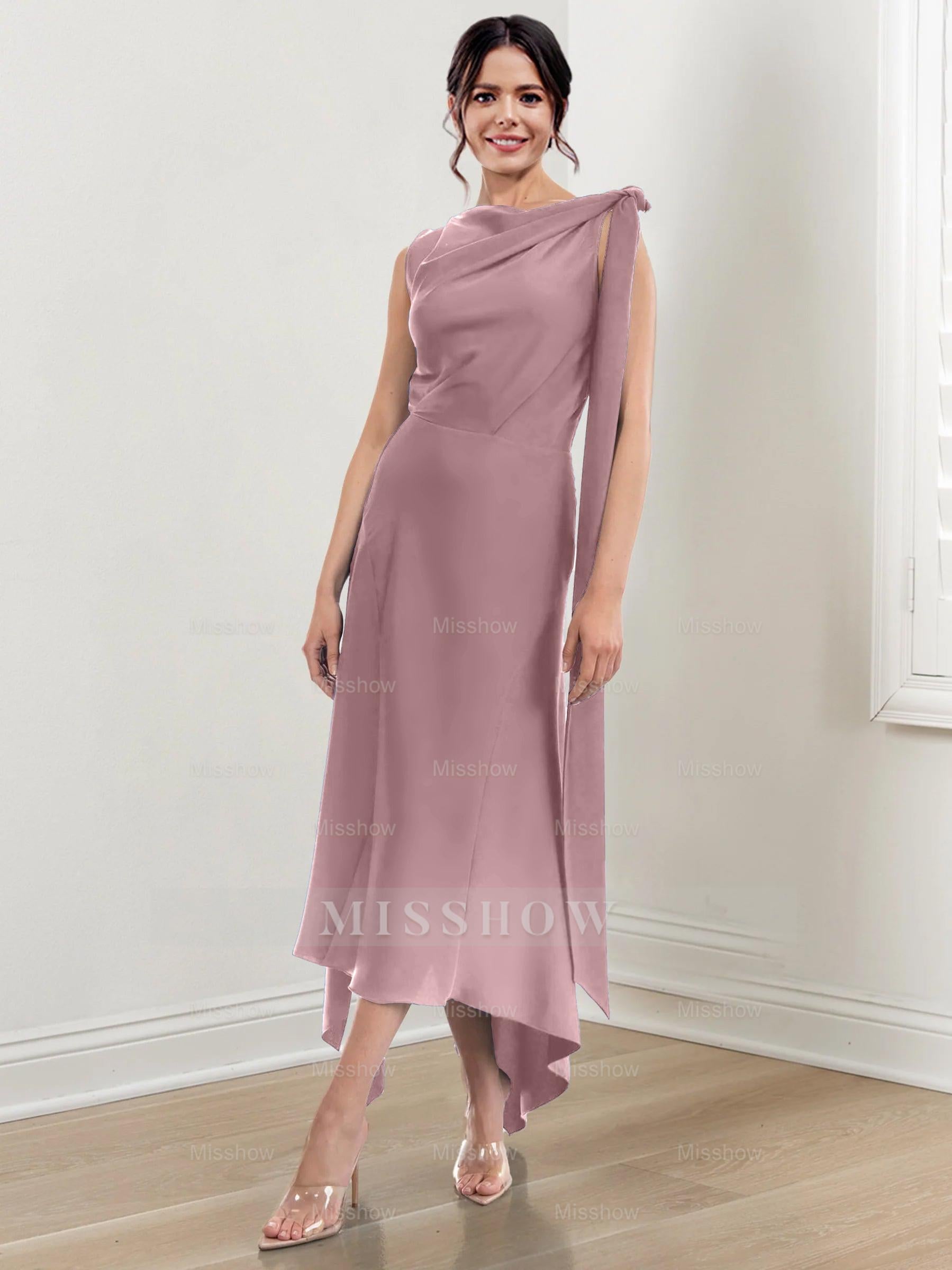 Asymmetrical Tea-Length Mother of the Bride Sheath Dress with Ruched Column Jewel Neck