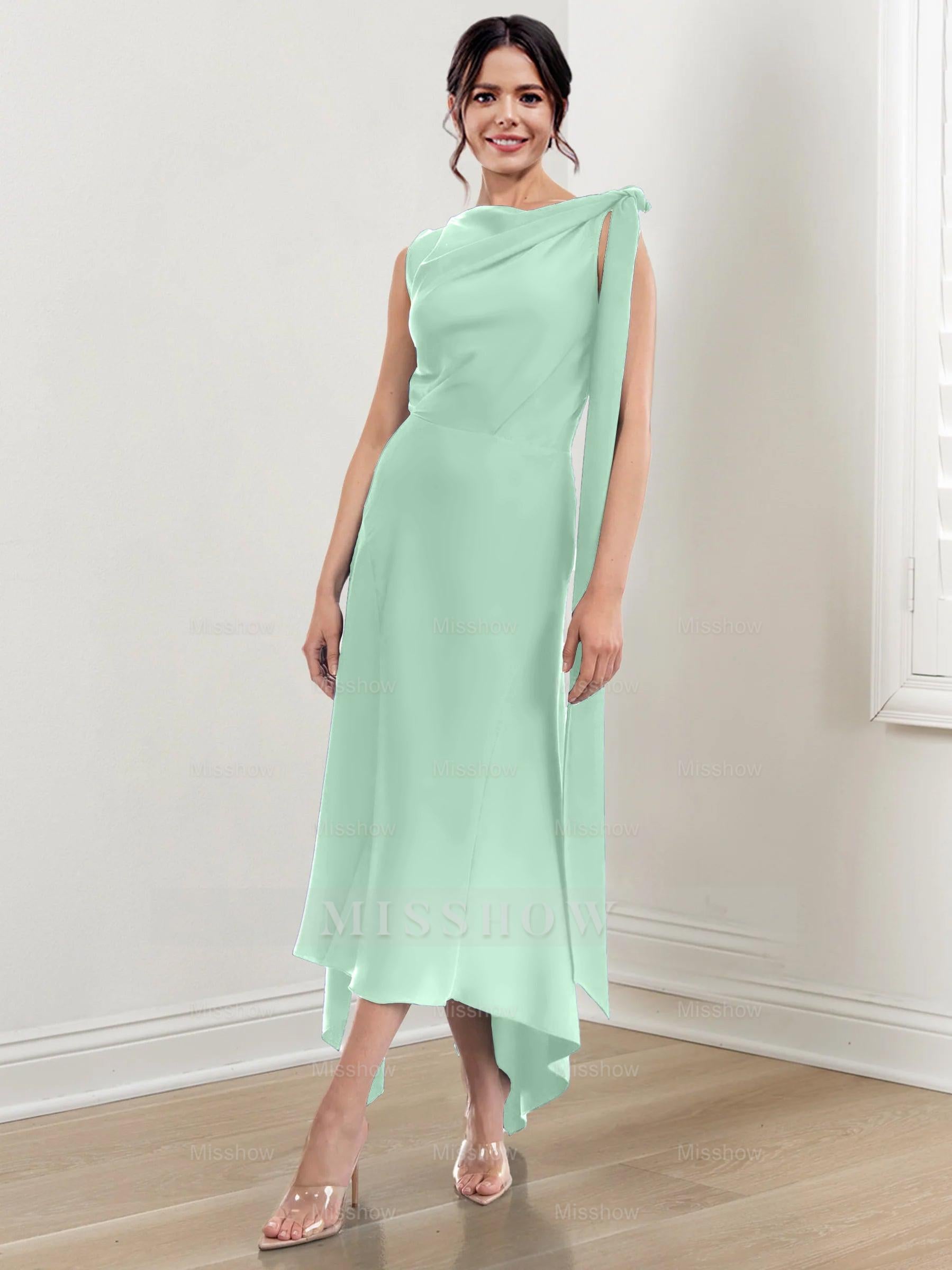 Asymmetrical Tea-Length Mother of the Bride Sheath Dress with Ruched Column Jewel Neck