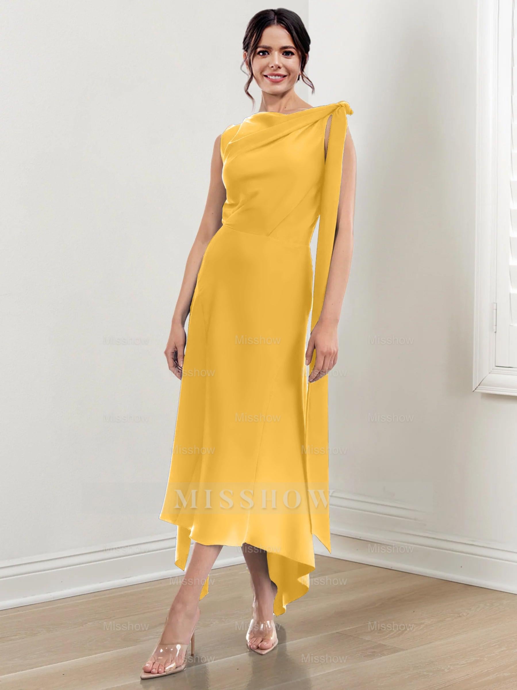 Asymmetrical Tea-Length Mother of the Bride Sheath Dress with Ruched Column Jewel Neck