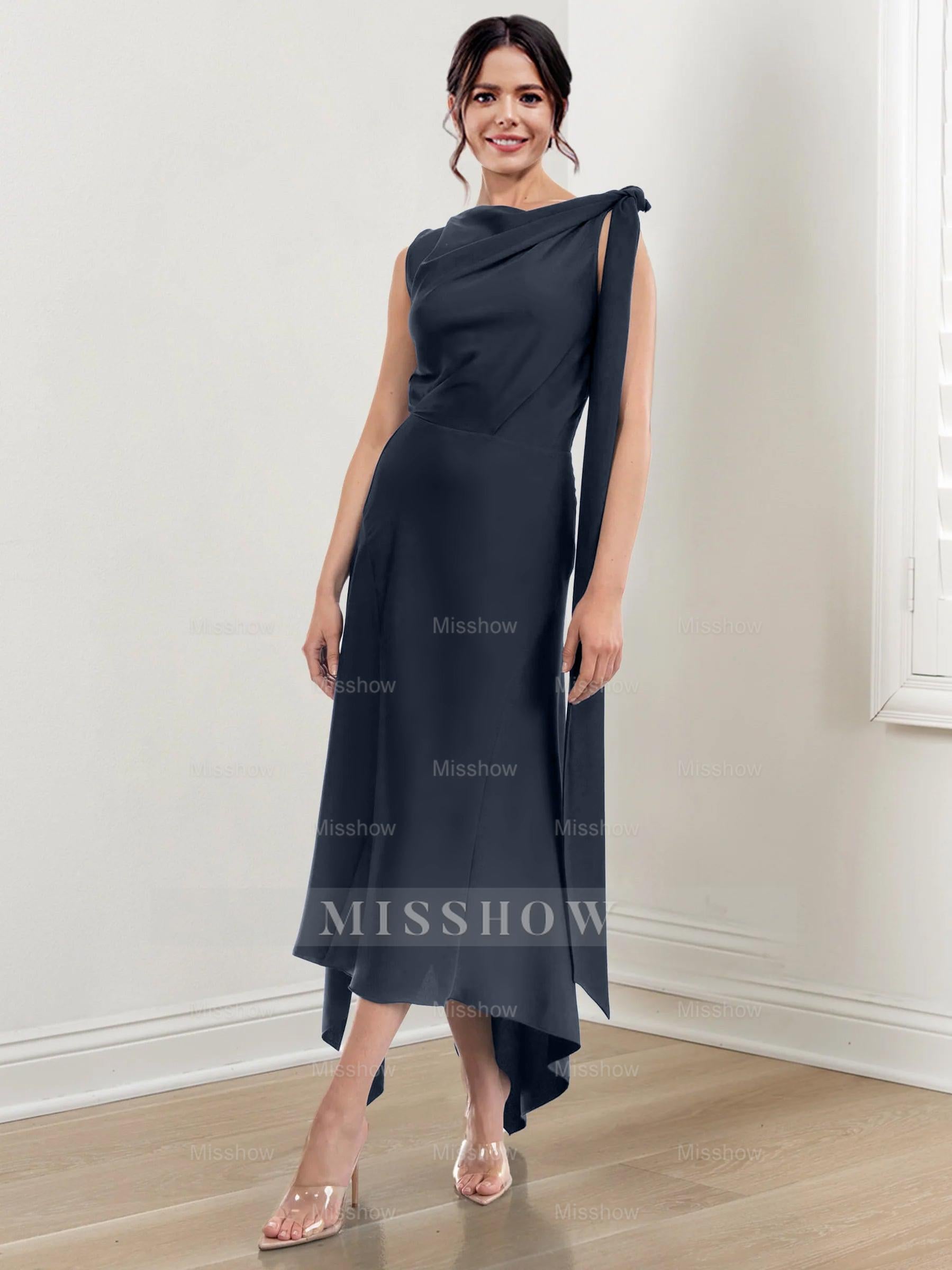 Asymmetrical Tea-Length Mother of the Bride Sheath Dress with Ruched Column Jewel Neck