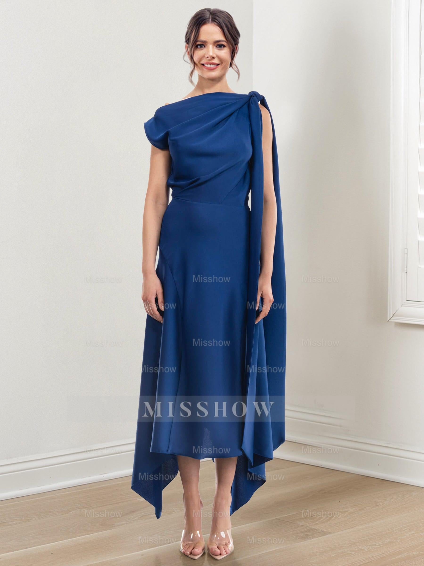 Asymmetrical Tea-Length Mother of the Bride Sheath Dress with Ruched Column Jewel Neck