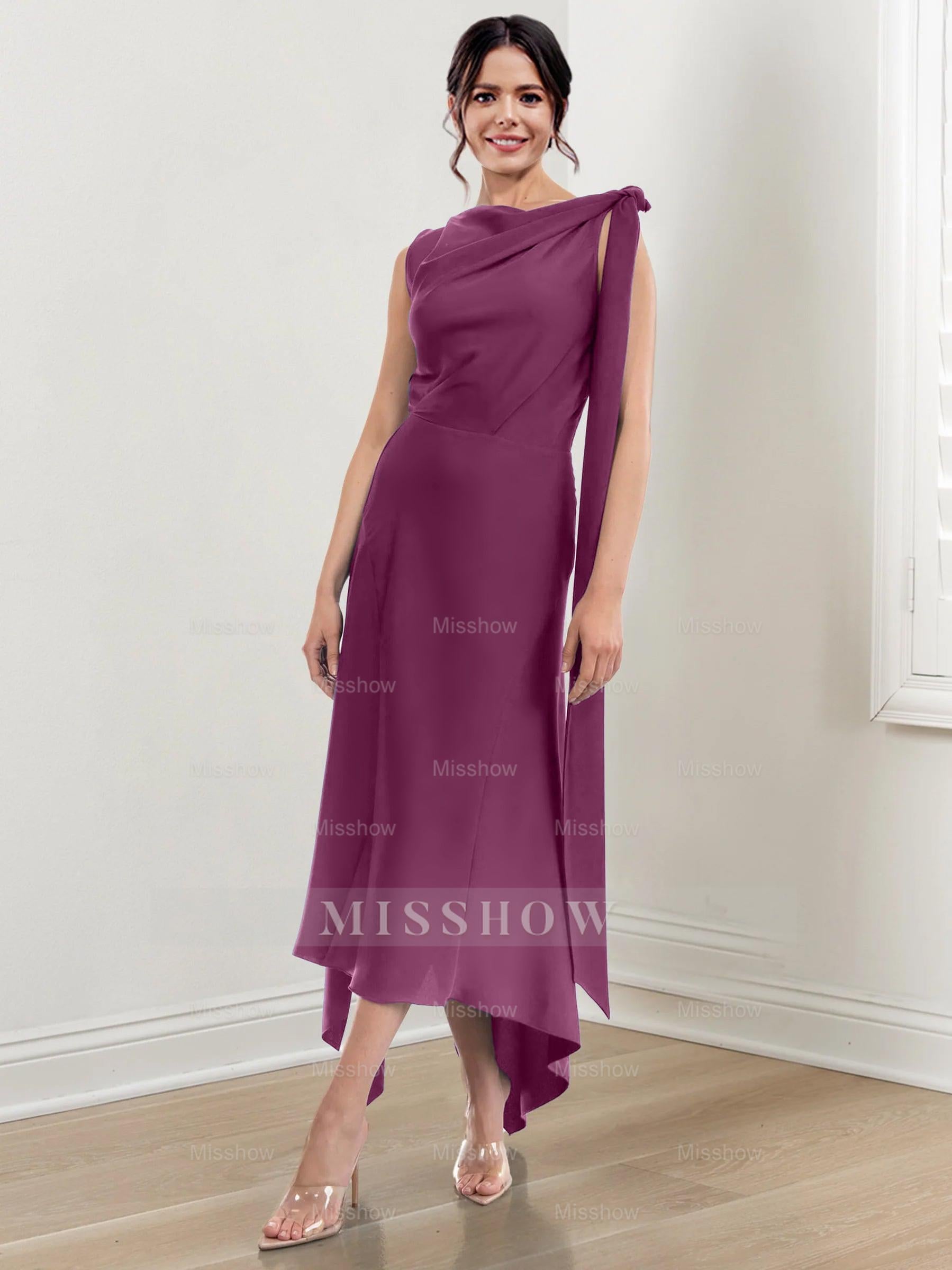Asymmetrical Tea-Length Mother of the Bride Sheath Dress with Ruched Column Jewel Neck
