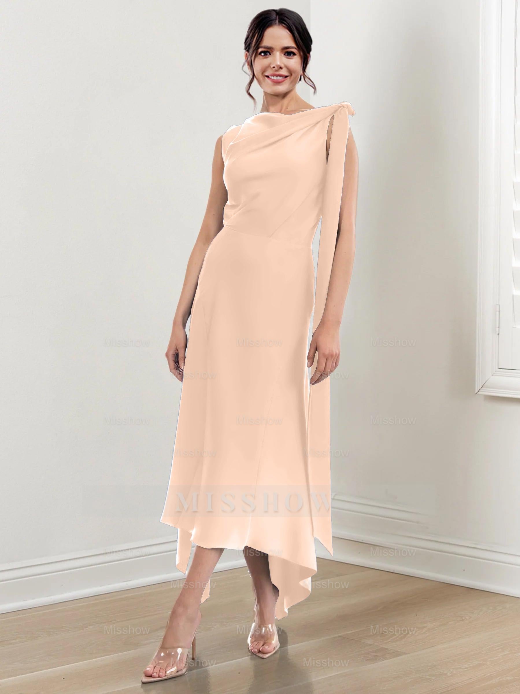 Asymmetrical Tea-Length Mother of the Bride Sheath Dress with Ruched Column Jewel Neck